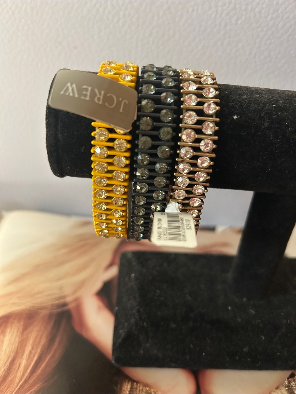 NWT J. Crew Set of Three Crystal Stretch Bracelets - Yellow, Black, Crystal
